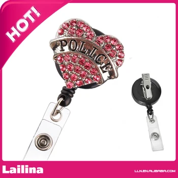 

Bling Rhinestone Retractable Badge Reel/ ID Badge Holder / Brooch / Pendant / Id Badge Holder (Rose Crystal Heart Police )