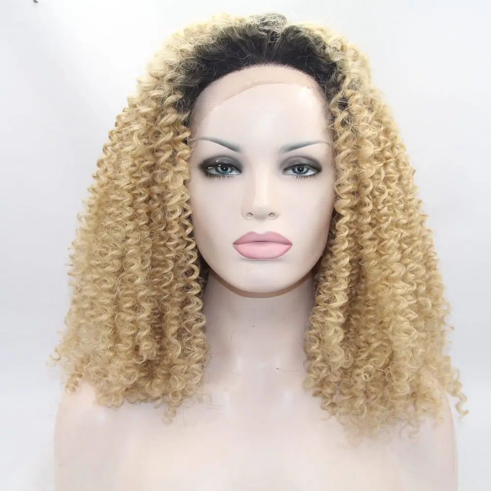Fashion Ombre Blonde Afro Kinky Curly Synthetic Lace Front ...