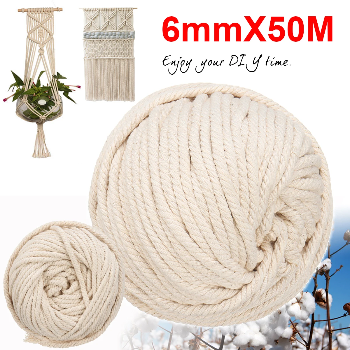 

Macrame Rope 6mm 50m Natural Beige Pure Cotton Twisted Cord Braided Rope Craft Macrame String Cord for Artisan DIY Hand Craft