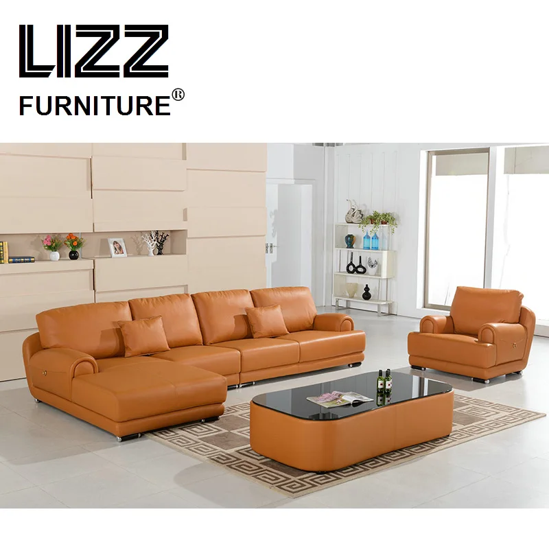 

Modern Furniture Group Corner Sofa Set Leisure Loveseat Genuine Leather Divani Feather Back Cushion