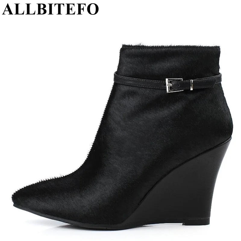 

ALLBITEFO Winter snow wedges buckle pointed toe zip women boots fashion brand horse hair high heel boots leather ankle boots