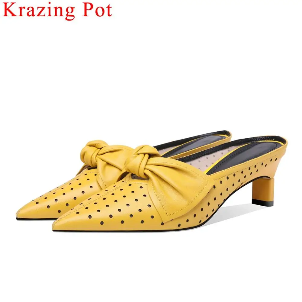 

Krazing Pot luxury sheep leather butterfly-knot decoration med heels slip on women pumps pointed toe dating hollow mules L02