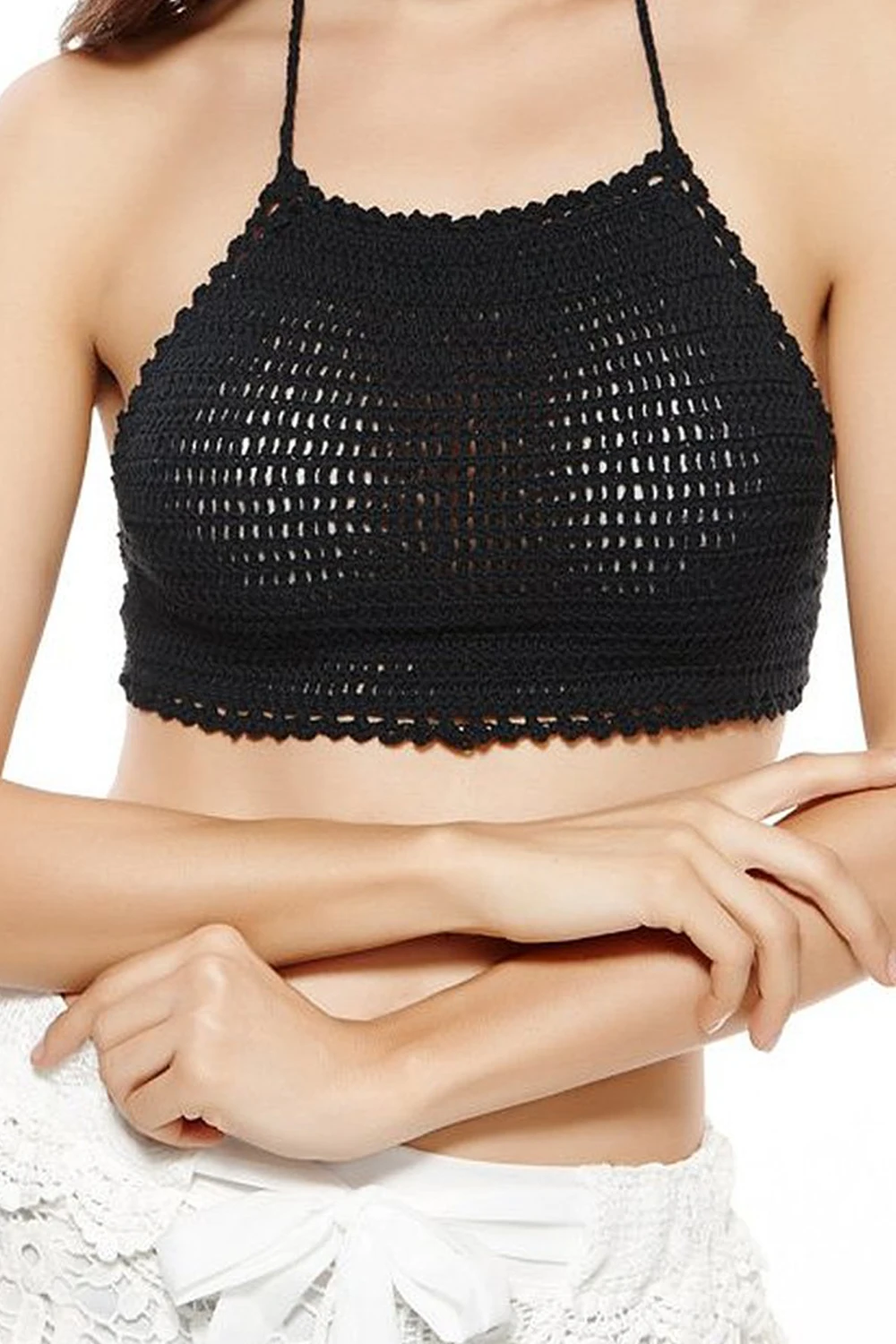 

Women Sexy Vintage Crochet Crop Top Halter Camisole Knitted Bikini(black)