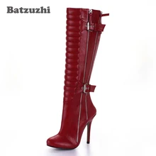Batzuzhi-12cm, женские сапоги, пикантные красные кожаные сапоги вечерние до колена, вечерние сапоги ручной работы с мехом внутри, зимние высокие сапоги на высоком каблуке, большой размер 43