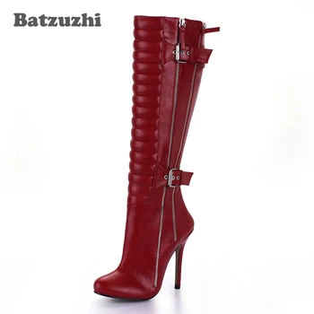 

Batzuzhi-12cm Women Boots Sexy Red Leather Knee High Boots Party Handmade Fur Inside Winter Long High Heel Boots, Big Size 43