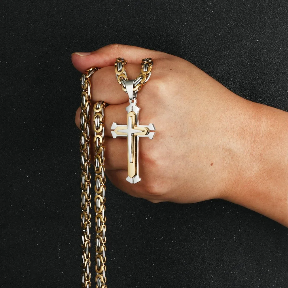 

Gold Silver Color Stainless Steel 3 Layers Knight Cross Pendants Necklaces Male Jewelry Byzantine Chain Men Body Jewelry NC05