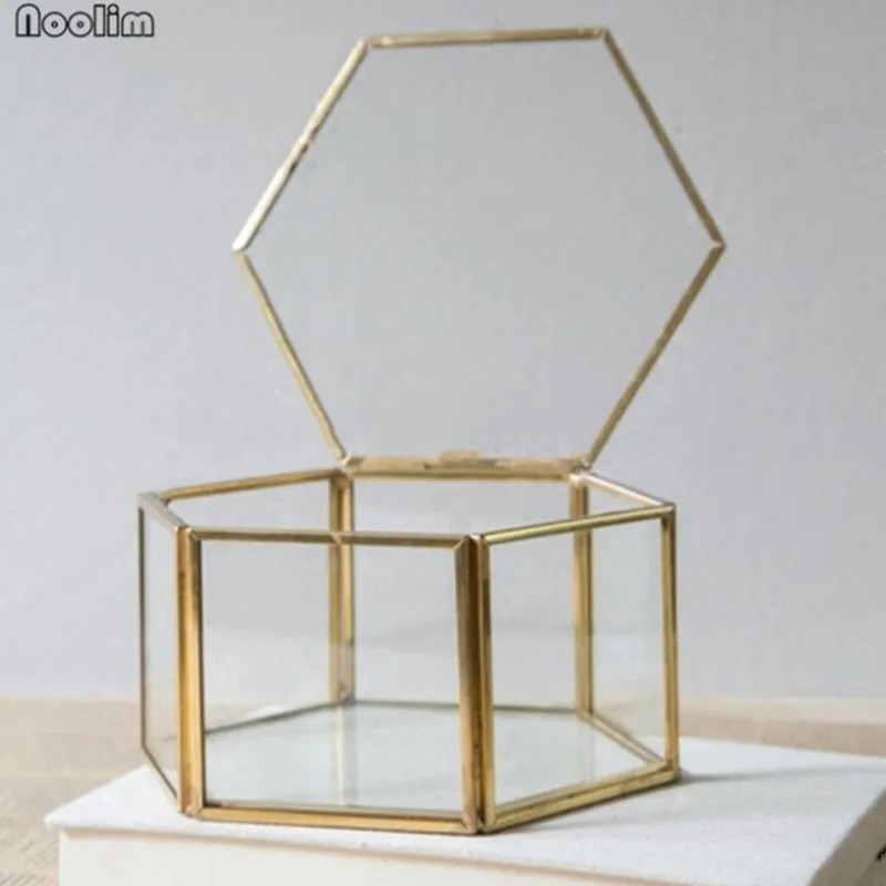 Свадебные стеклянные кольца коробка шестиугольная коробка витражные стеклянные кольца держатели Свадебные медные кольца коробка обручальные ювелирные изделия Геометрическая коробка подарок - Цвет: Gold 7.5x7x4.5cm