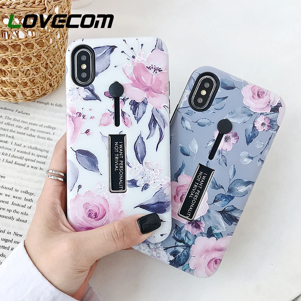 

LOVECOM Fashion Emboss Flower Leaves Case For iPhone XS Max XR 6 6S 7 8 Plus X Finger Hide Stand Holder Phone back Cover Gift
