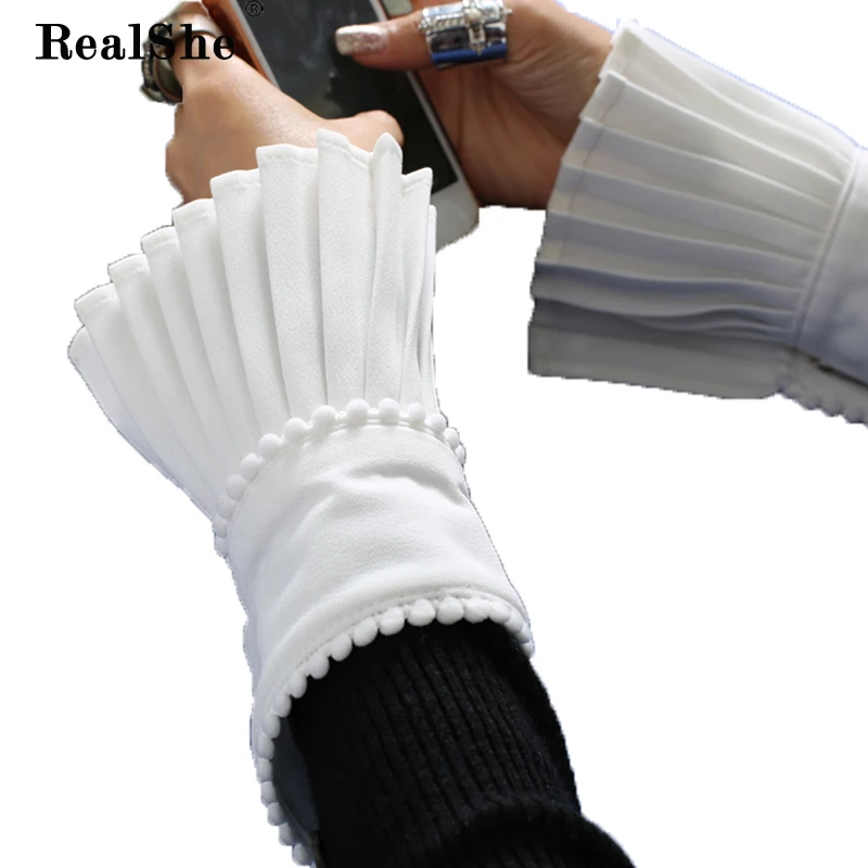 RealShe 2018 Winter Arm Warmers Women Hand Warmer Ruffles Fingerless Short Gloves Dark Button