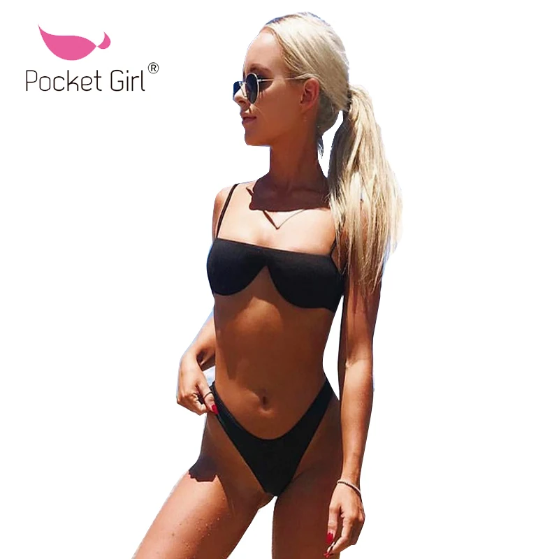 Pocket Girl 2019 Swimwear Bathing Suit Swimsuit Solid Bathing Suit Brazilian Biquini Thong Bottom Swimming Suit for Women Bikini