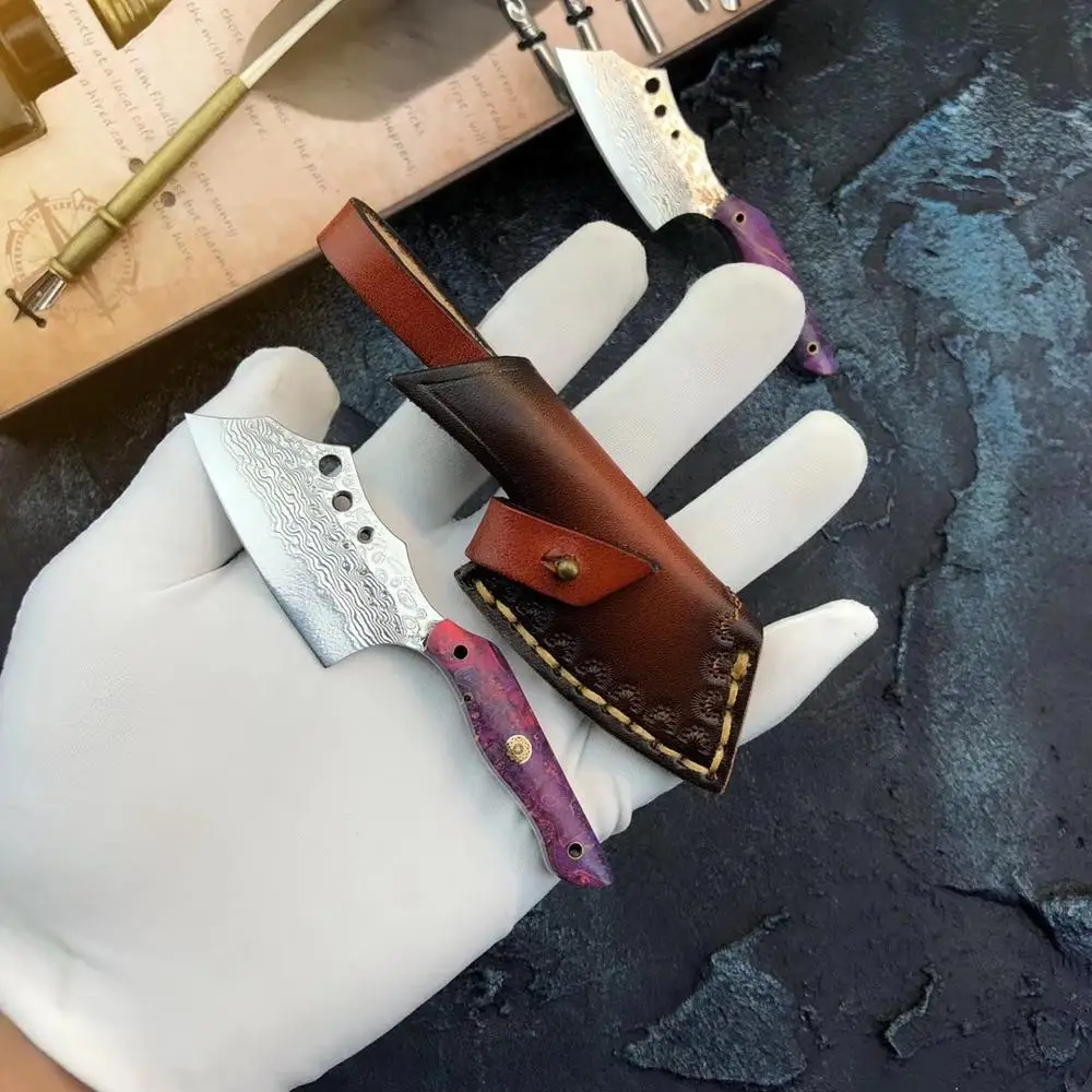 

VG10 Damascus Steel fixed knife Handmade forged Damascus steel hunting knife 60HRC Ebony handle with Leather sheath Tool