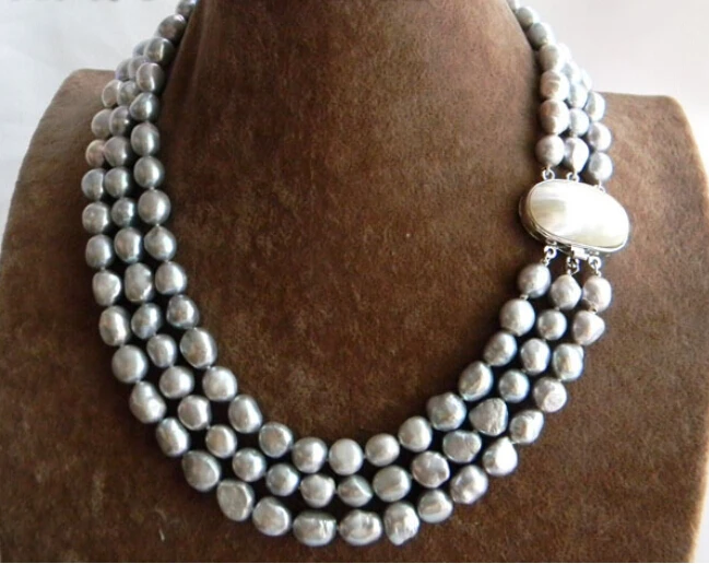 

FREE shipping>>>>3Strands 18'' 9mm Gray Baroque Freshwater Pearl Necklace new