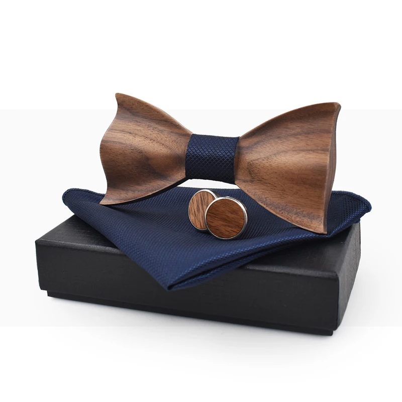  Mantieqingway Business Wood Bowtie Handkerchief Cufflinks Sets for Mens Wedding Shirt Wooden Bow Ti