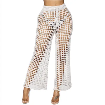 Adogirl Women Beach Flare Pants Solid Knitted Hollow Out Fishnet Wide Leg Pants High Waist Lace Up Sashes Night Club Trousers - Цвет: white pants