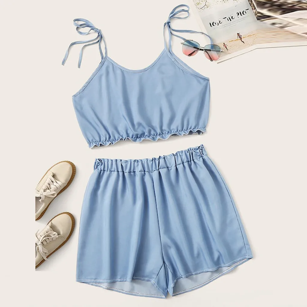 

2019 Women Matching Set Outfit Blue 2PCS Fashion Women Suit Solid Plus Size Cami Top Bandage Camis +Shorts Set