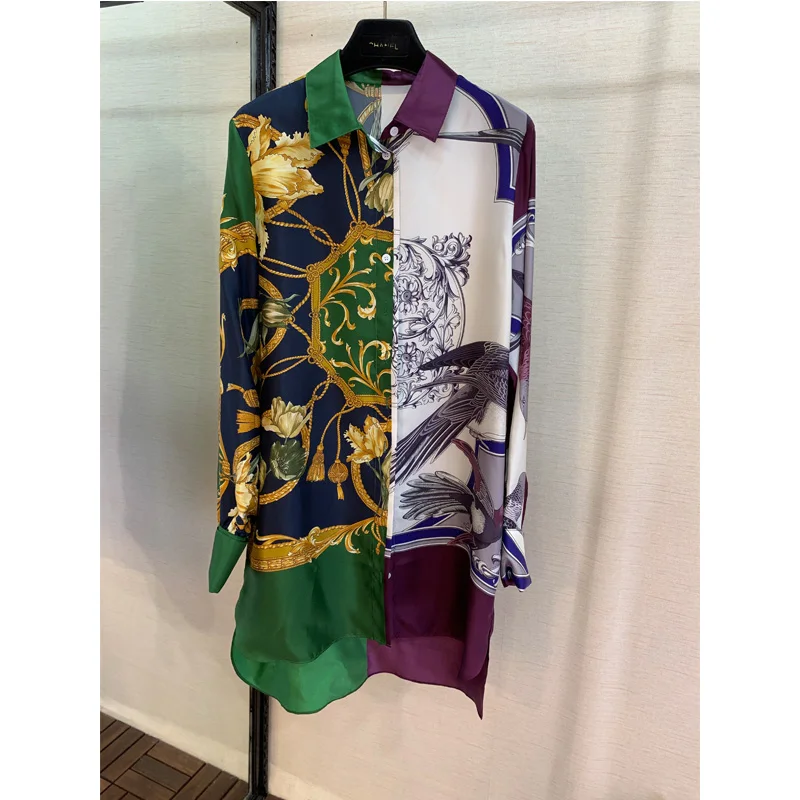 

Ver 100% Silk Orientation Printed Long Shirt Dress, Long Sleeve Vertical Collar Silk Loose leisure