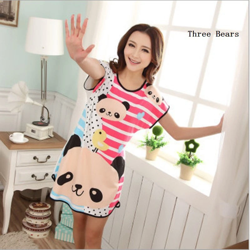 5 Ready Stock Women Pajamas Sleepwear Night Shirt Nightgown Sleep Dress Milk Silk Cartoon Short Sleeve Sleepshirts Home Clothes