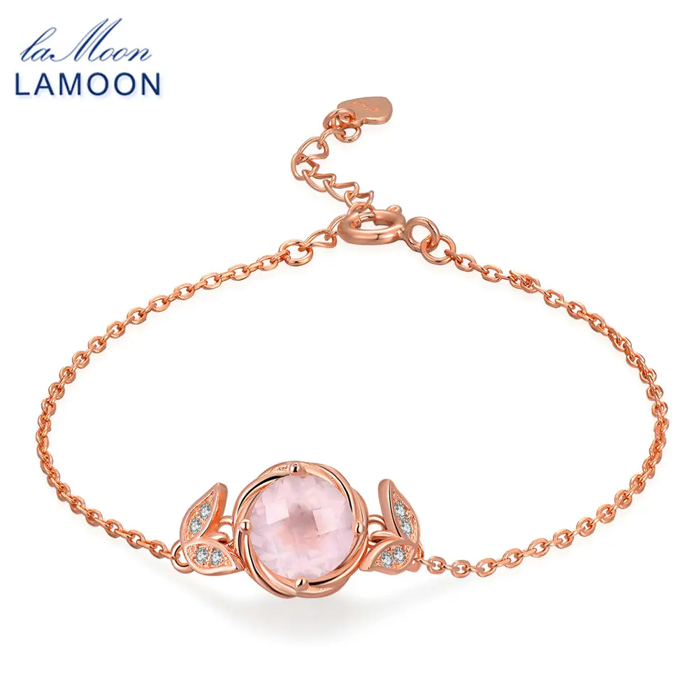 

LAMOON 9mm 100% Natural Gemstone Round Rose Quartz 925 Sterling Silver Jewelry S925 Charm Bracelet LMHI042