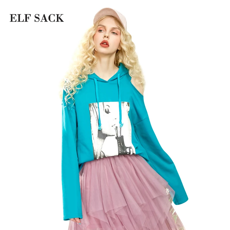 Elf sack 2017 wiosna off shoulder sexy kobiety bluzy hoddied postaci wydruku kobiet z długim rękawem bluza darmowa wysyłka