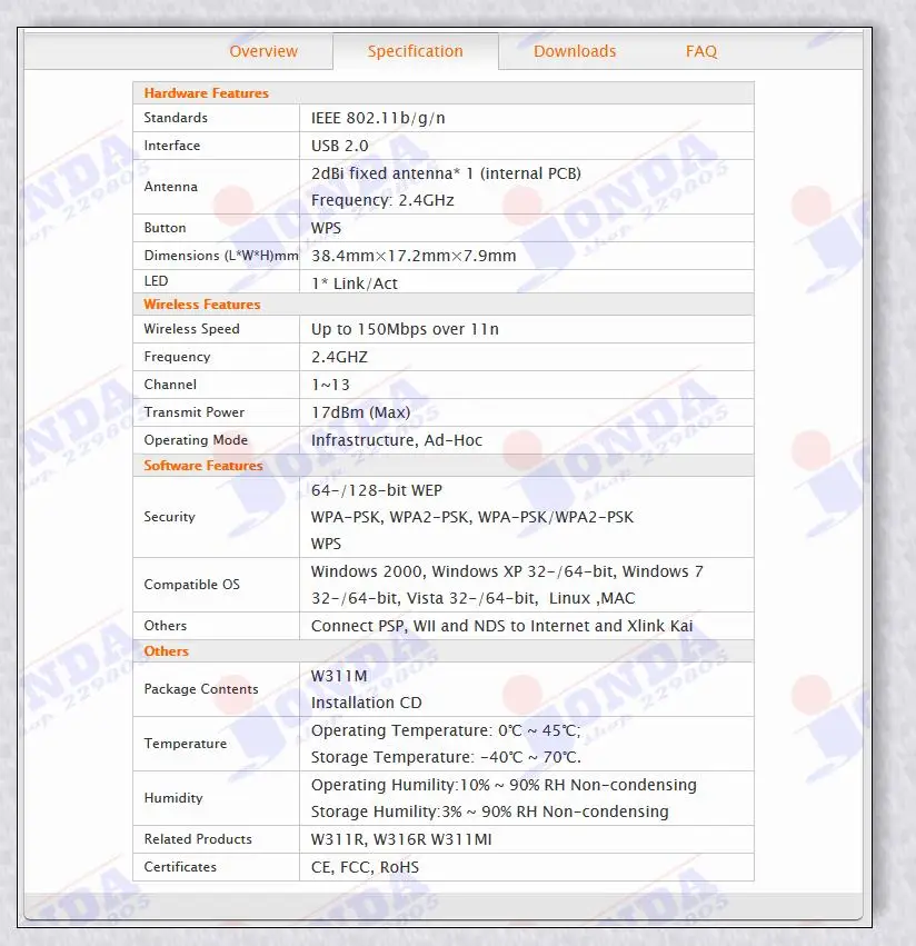 Tenda 150 Мбит/с мини беспроводной Wi-Fi 802.11n 2,4 ГГц USB сетевой адаптер W311M беспроводной LAN мини маршрутизатор