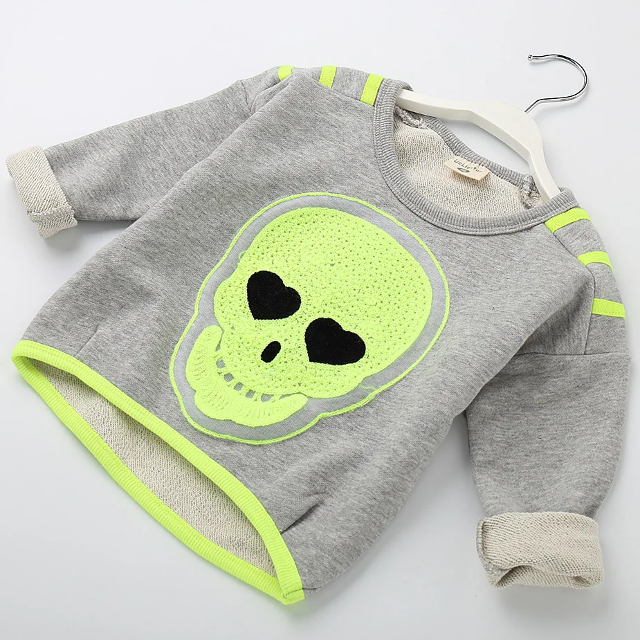 

2018 Kids T-shirts For Girls O-neck Skull Design Children T Shirts For Boys Long Sleeve Tops Spring Gray Cotton Tshirt G3663