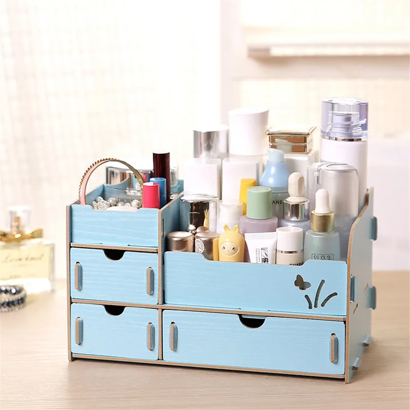Контейнер для ювелирных изделий Деревянный ящик Органайзер ручной работы Органайзер органайзер для косметики коробка DIY деревянная коробка для хранения макияж - Цвет: blue