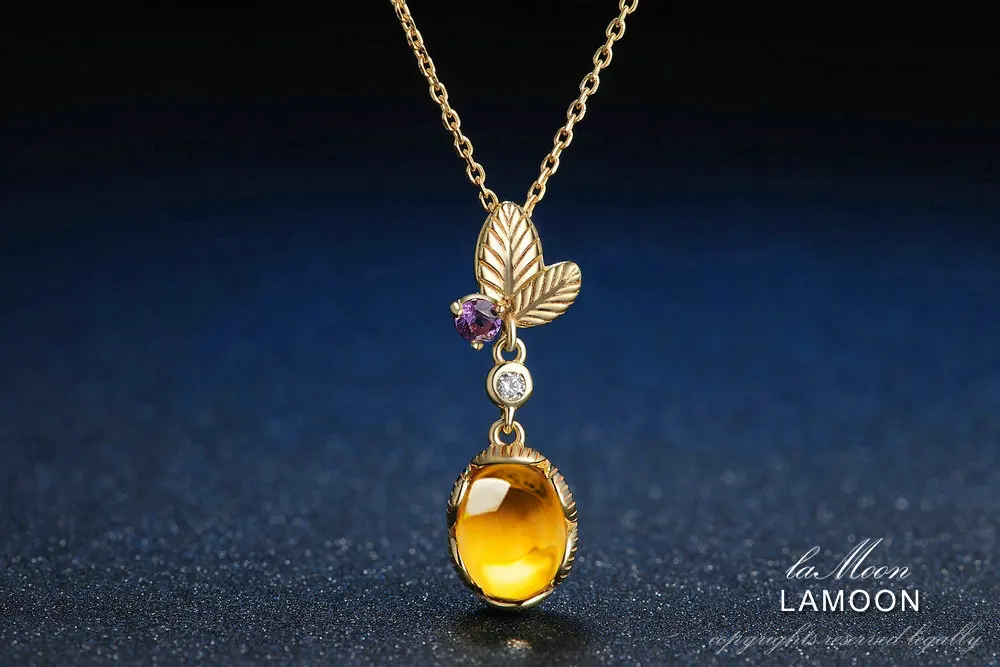 925 пробы Серебряное ожерелье с подвеской из цитрина и драгоценного камня для женщин, 14K позолоченное ожерелье в форме листа LMNI010