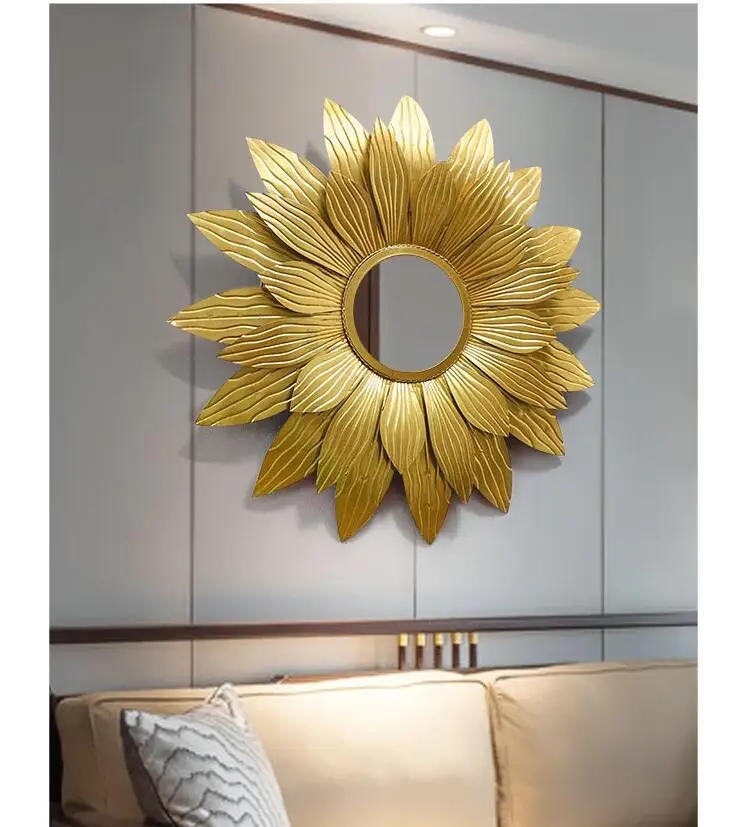 American Light Luxury Wrought Iron Gold Sun Flower Decorative Mirror Wall Hanging Pendant Aisle Background Wall Mural Crafts Art