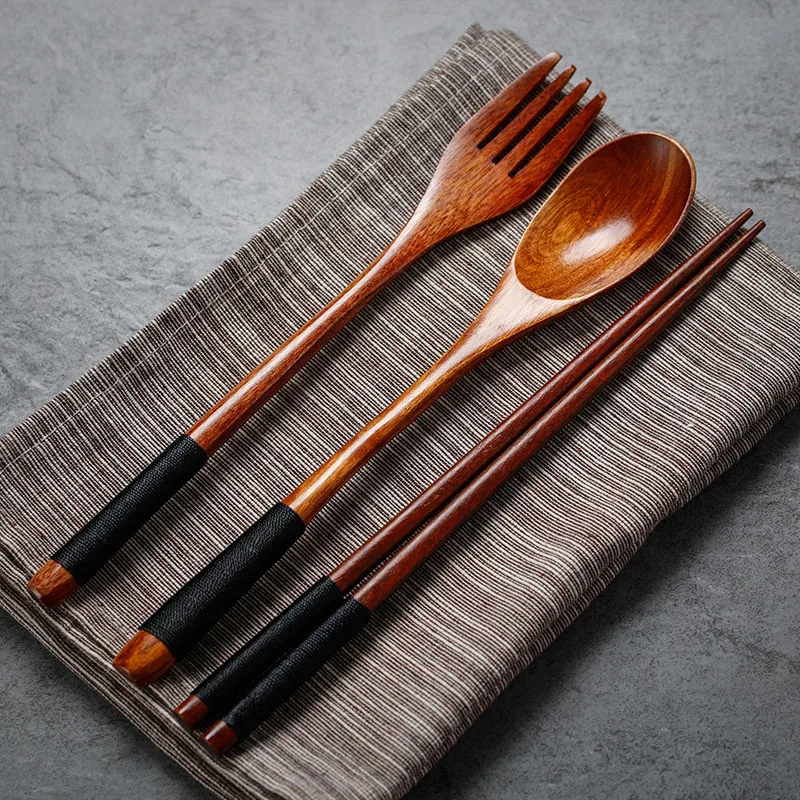 Set of 2 Wooden Spoon Fork Set Long Handle Japanese Style Wood Soup Spoon Dinner Salad Fork Kids Outdoor Cutlery Kitchen Utensils (6)