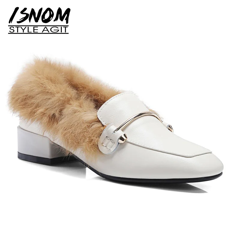

ISNOM Fur Warm Women Pumps Square Toe Footwear Fashion Casual Low Heels Female Shoes Genuine Leather Woman Shoes Winter 2018 New
