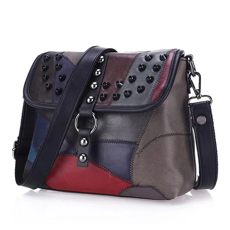 REPRCLA New Genuine Leather Bag Rivet Patchwork Women Messenger Bags Crossbody Fashion Designer Handbags Shoulder Bag L037