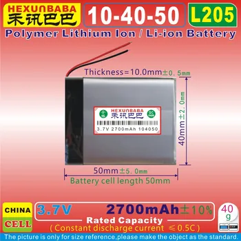 

[L205] 3.7V 2700mAh [104050] PLIB (polymer lithium ion / Li-ion battery) for bluetooth,mp3,power bank,TOY,GPS