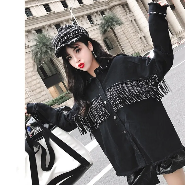 New Arrival Autumn Tassels Jeans Overcoats Women Turn-Down Collar Loose Casual Jackets Button Black Sequined Denim Outerwear