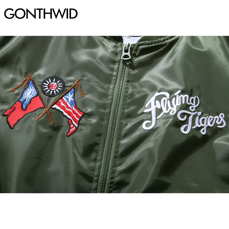 Мужская куртка пилот GONTHWID MA1 тонкая бомбер с вышивкой тигра армейский зеленый