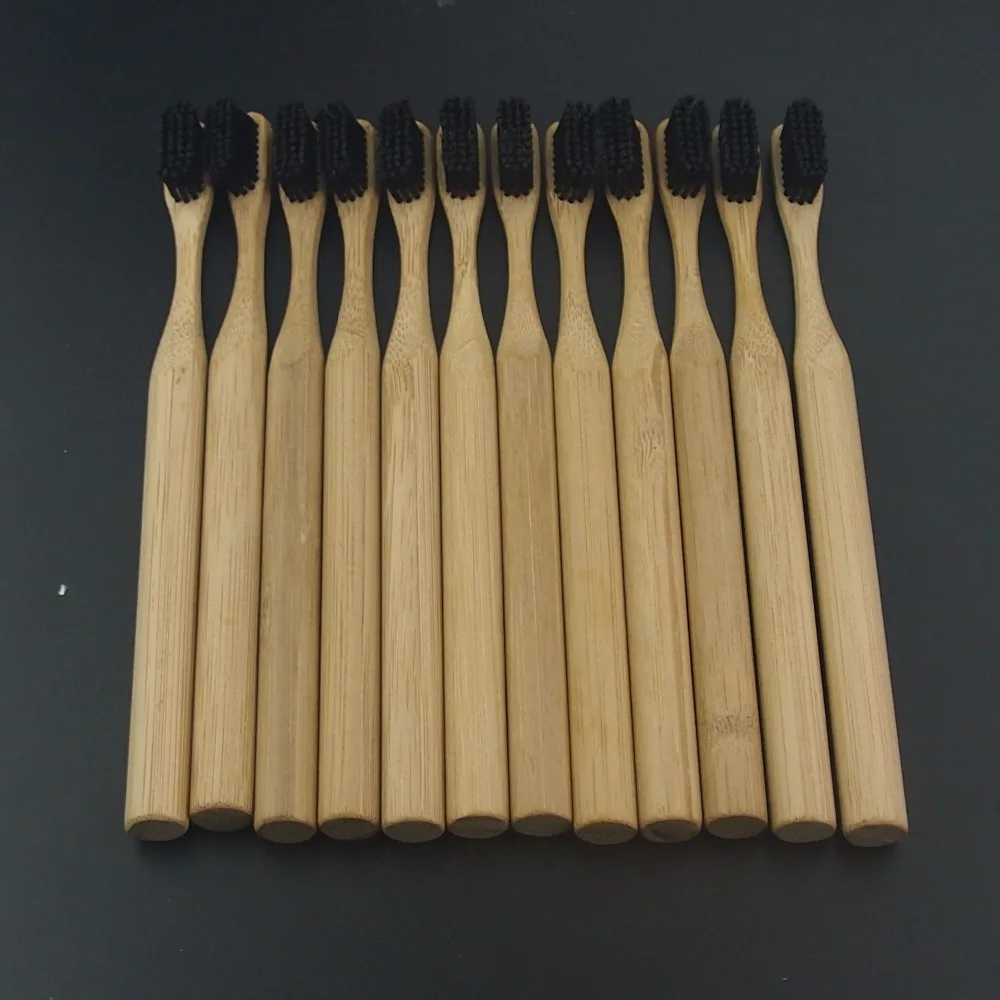 

DR.PERFECT 12 Pieces Black Pillar Style Toothbrush Bamboo White Bristle Toothbrush Soft-bristle Bamboo Fibre Wooden Handle