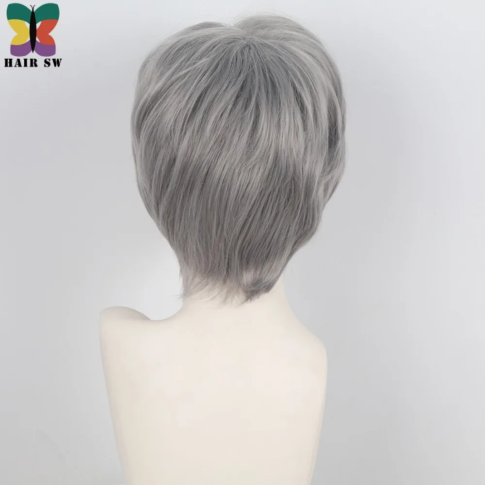 Волос SW Короткие прямые кокетливый слоистых парик дамы Синтетический волос темно-серый больной раком парики с челкой для пожилых людей