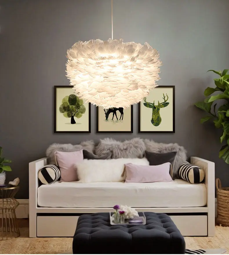 

White Nature Goose Feather Pendant Lights Romantic Cafe luminaire lighting Fixtures living room hotel hall bedroom hanging lamp