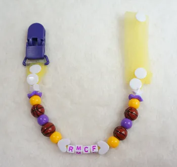 

MIYOCAR Personalised-Any name yellow gauze with purple yellow and basketball beads dummy clip holder pacifier clip holder