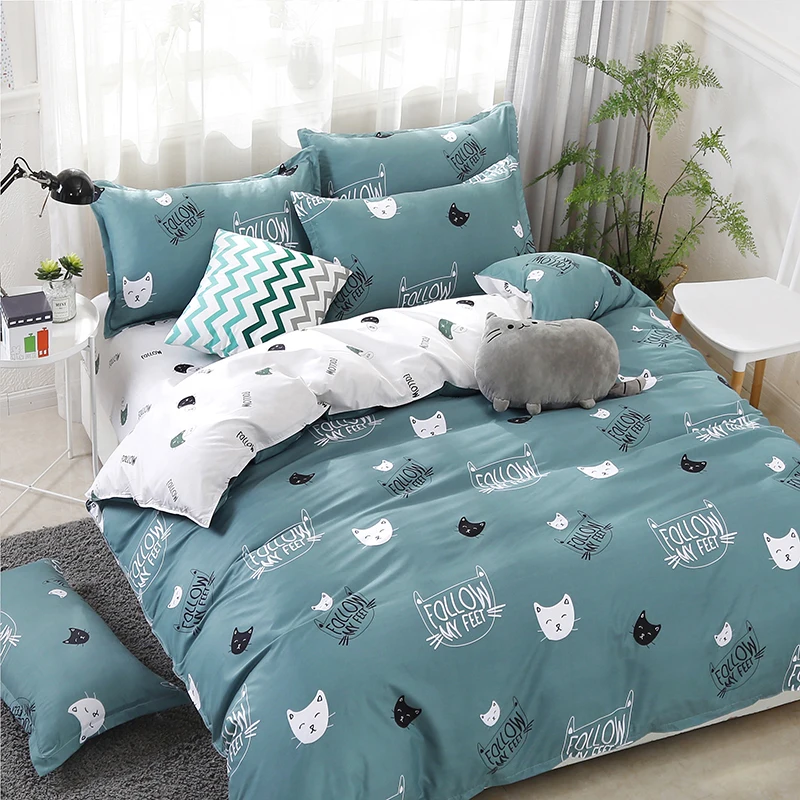 

100% Polyester Green Cartoon Cat Pattern Bedding Sets 4Pcs Bed Linings Duvet Cover Bed Sheet Pillowcases Cover Set Queen 4 Size
