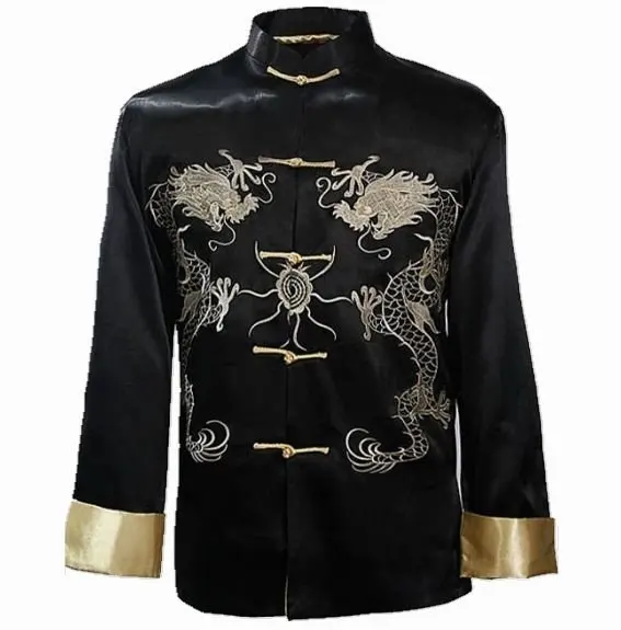 Fashion Black Chinese Men's Embroidery Kung fu Jacket Coat Dragon M XL