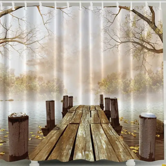 Fall Boat Dock SHOWER CURTAIN Fabric Wooden Bridge Primitive Fishing