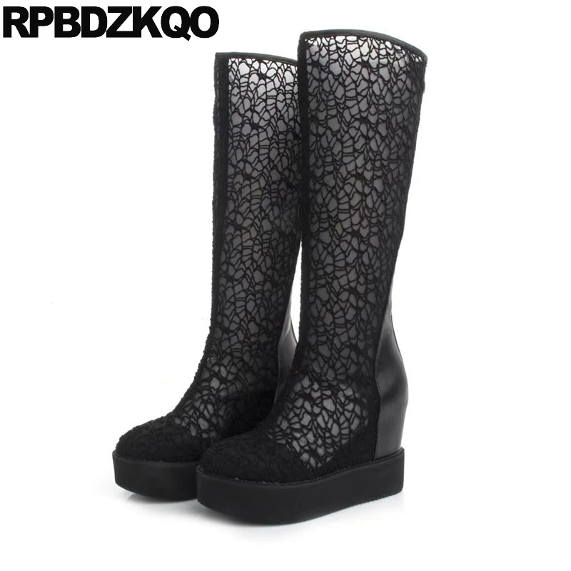 

cut out fashion mesh designer shoes women luxury 2018 sandals high heel wide calf boots wedge muffin black summer knee flatform