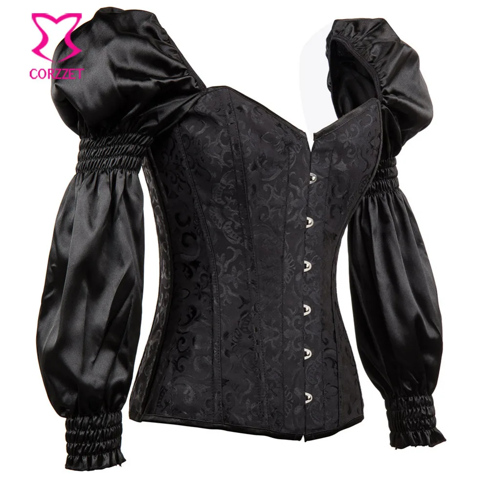 Victorian Retro Corsets And Bustiers With Puff Long Sleeve Black Gothic Corset Plus Size Korsett For Women Steampunk Clothing