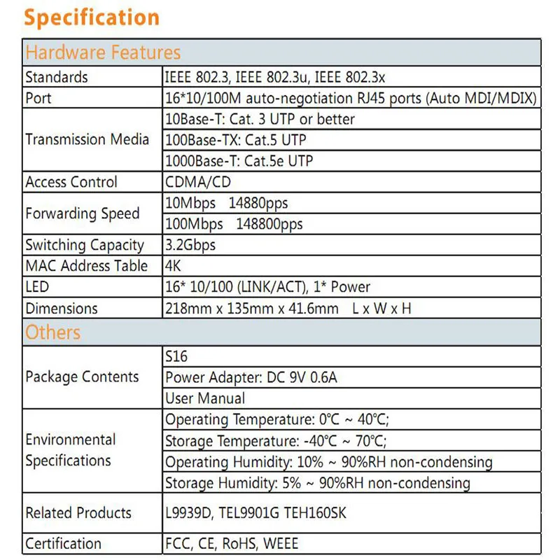 Tenda S16 16 Порты 10/100 м сети переключатели 3,2 Гбит/с коммутации Ёмкость быстродействующий коммутатор