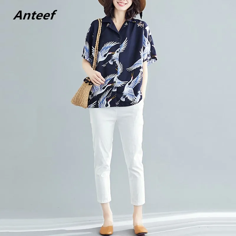 

cotton summer vintage animal print korean style plus size Casual loose shirt women blouse 2019 clothes ladies tops streetwear