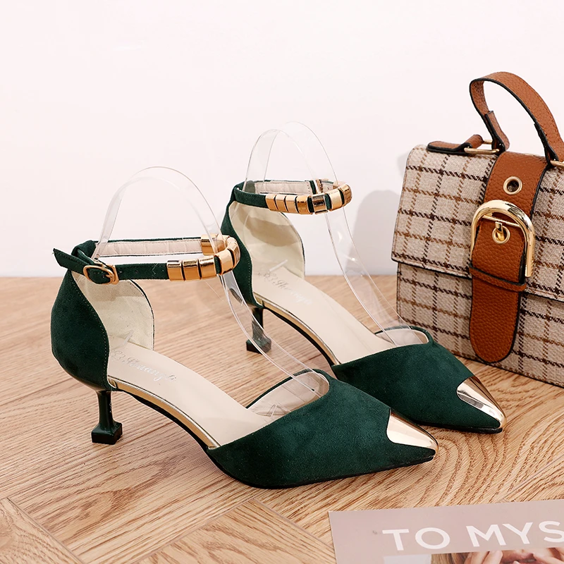 

Summer new high heels female 6cm pointed shallow mouth women's single shoes Korean version of the wild suede hollow work shoes