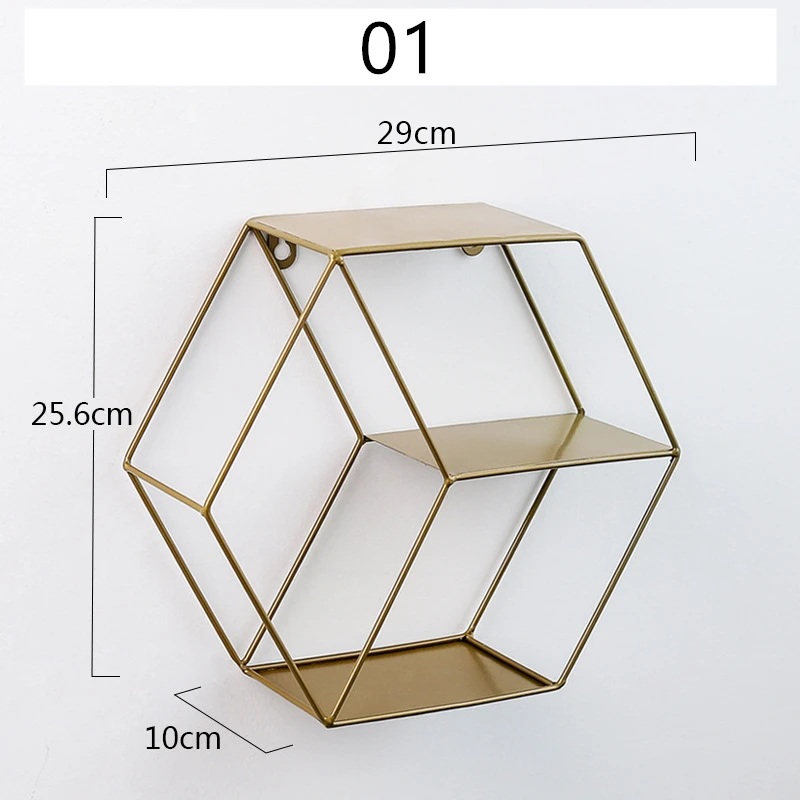 Скандинавский шестигранный стеллаж для хранения кованого железа шестигранный подвесной орнамент двухслойная настенная полка отделочная стойка домашний декор - Цвет: 01
