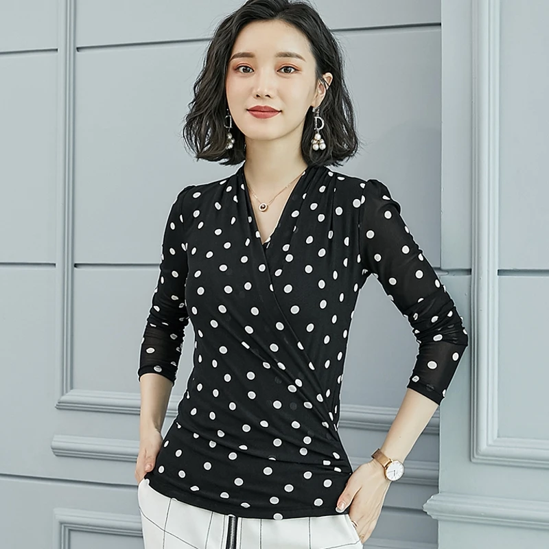 

Polka Dot T shirt Women New Mesh Shirt Long Sleeve Black V-Neck Shirt Tops Knitted Autumn Winter Camisas Mujer T89604