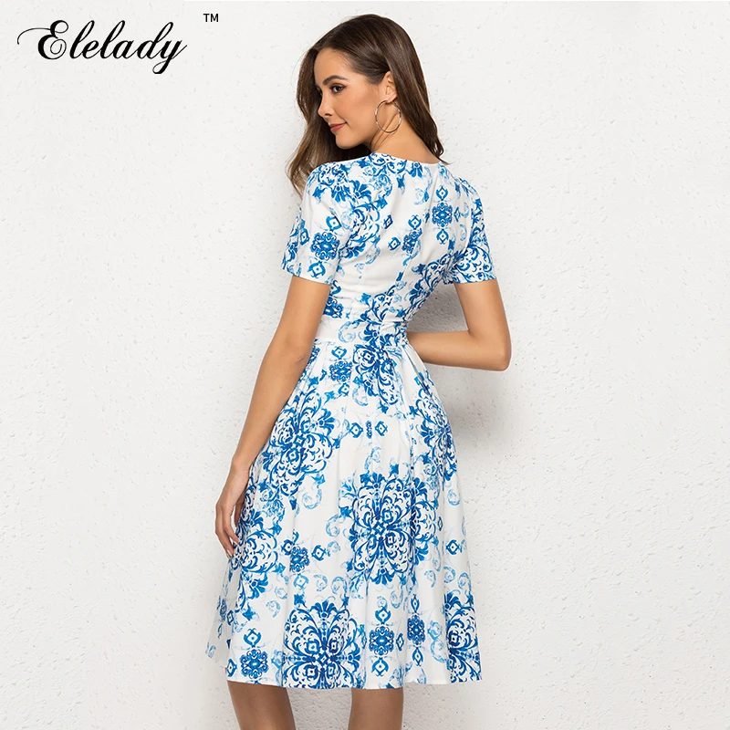 Elelady 2019 весна лето цветочный принт платье с коротким рукавом платья для вечеринок