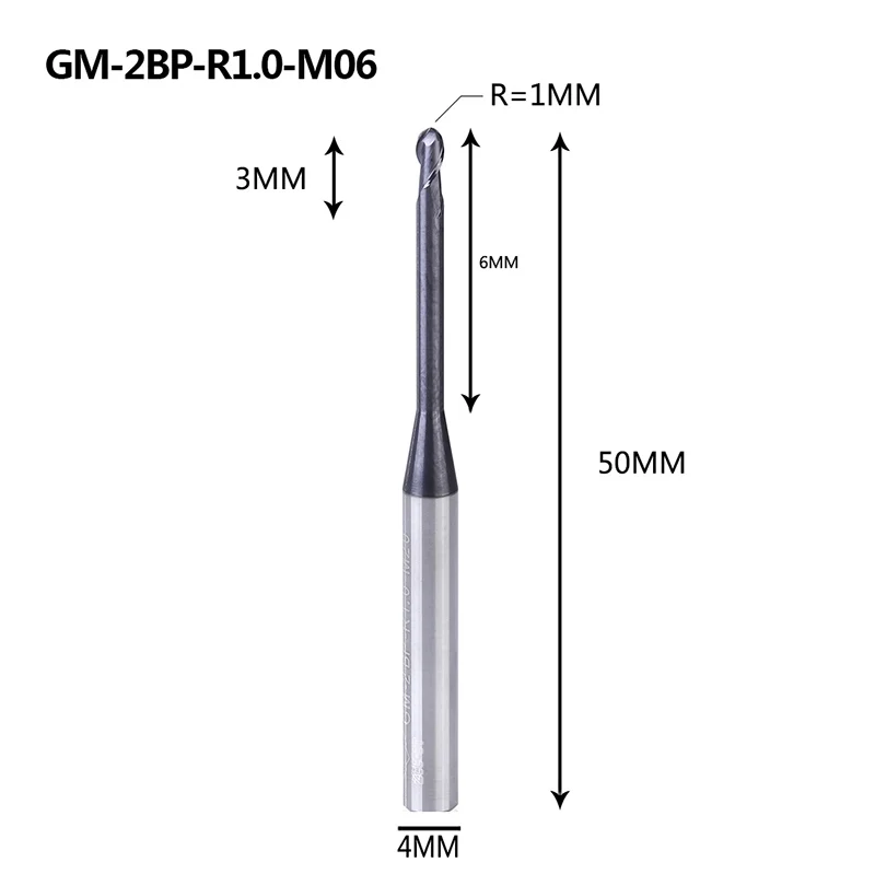 GM-2BP R1.0-R2.5 твердосплавная Концевая фреза 2 флейты с круглым носом и длинной шеей с коротким отрезным краем с покрытием фрезерный станок с ЧПУ режущие инструменты - Длина режущей кромки: GM-2BP-R1.0-M06